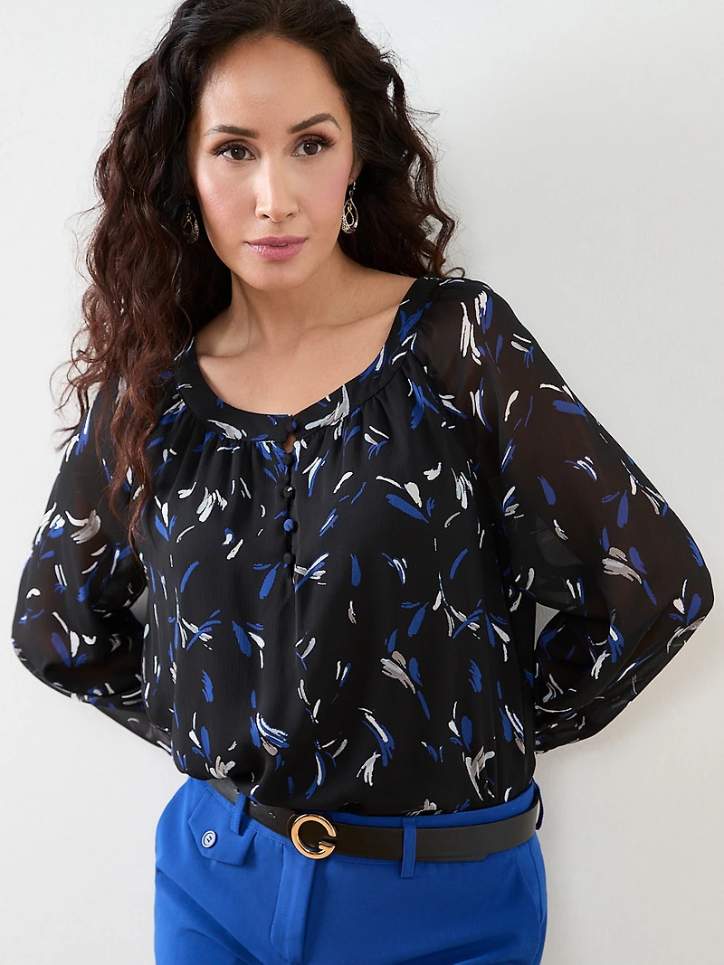 Petite Long Sleeve Round Neck Chiffon Blouse