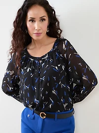 Petite Long Sleeve Round Neck Chiffon Blouse