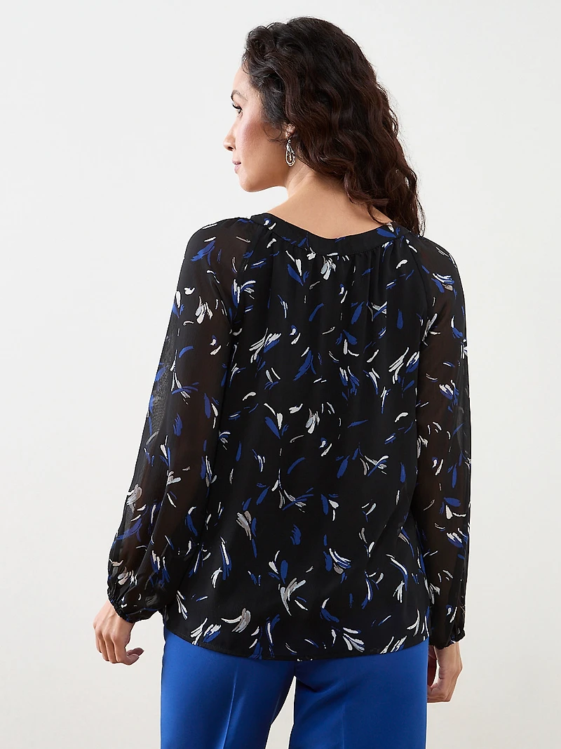 Petite Long Sleeve Round Neck Chiffon Blouse