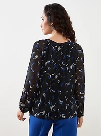 Petite Long Sleeve Round Neck Chiffon Blouse