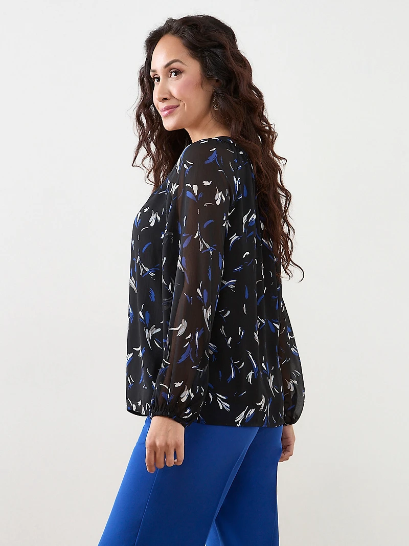 Petite Long Sleeve Round Neck Chiffon Blouse