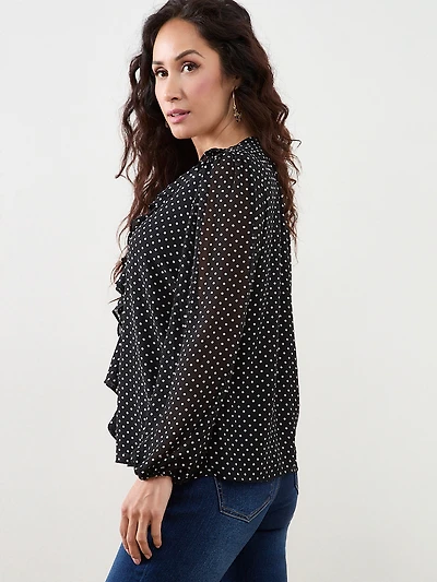 Petite Long Sleeve Ruffle Front Blouse