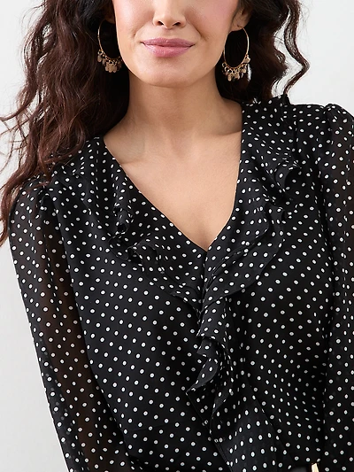 Petite Long Sleeve Ruffle Front Blouse