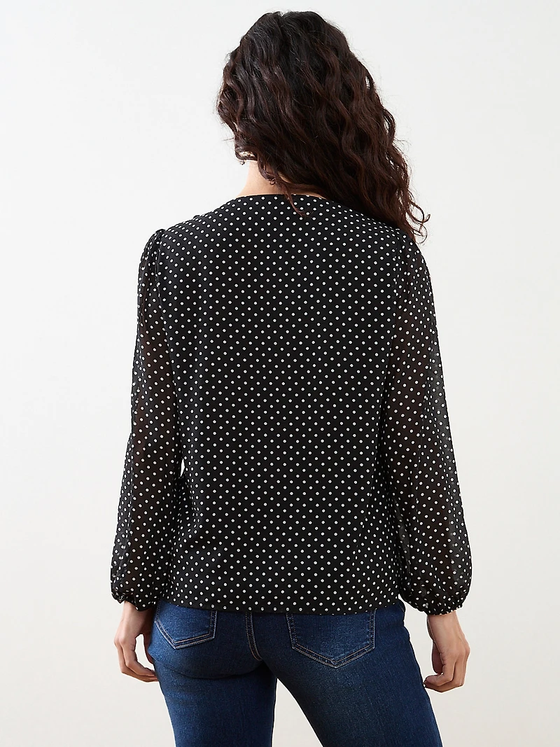 Petite Long Sleeve Ruffle Front Blouse
