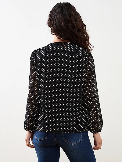Petite Long Sleeve Ruffle Front Blouse