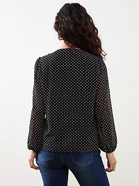 Petite Long Sleeve Ruffle Front Blouse