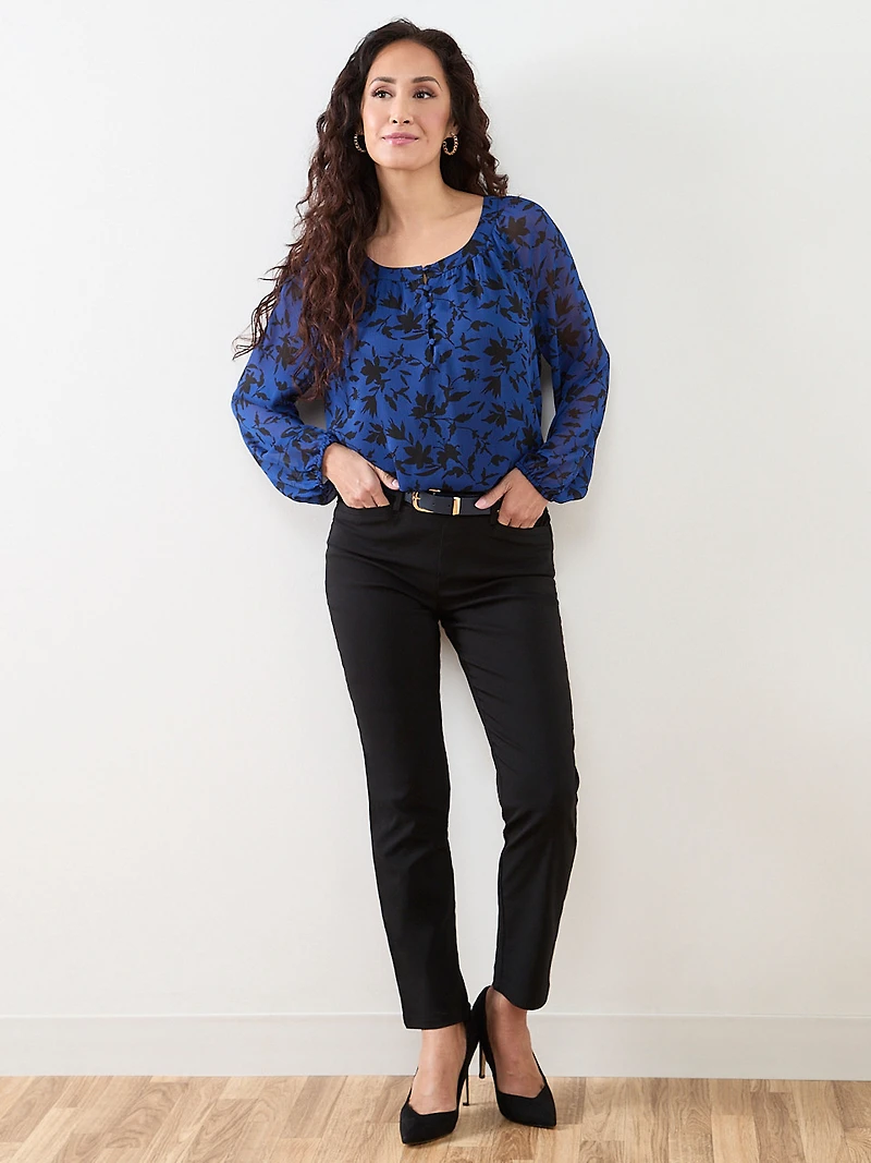 Petite Long Sleeved Round Neck Chiffon Blouse