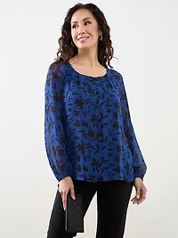 Petite Long Sleeved Round Neck Chiffon Blouse