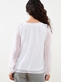 Petite Long-Sleeved Round Neck Chiffon Blouse