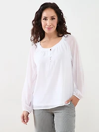 Petite Long-Sleeved Round Neck Chiffon Blouse