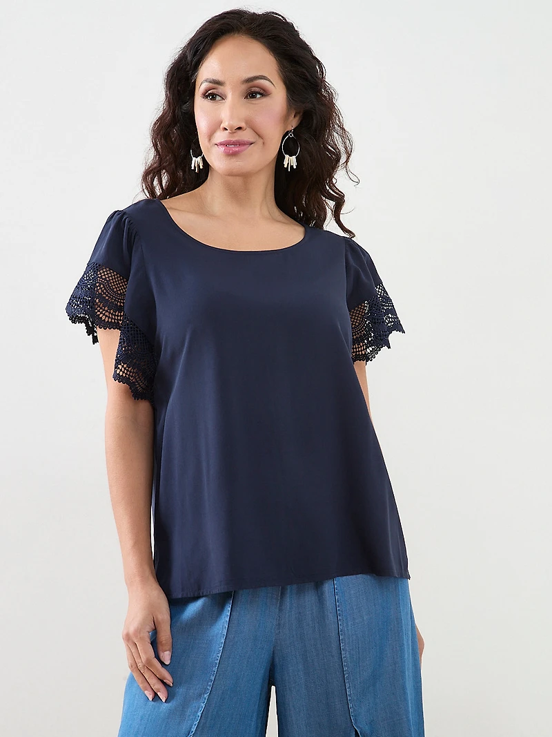 Petite Short Sleeve Blouse with Crochet Sleeves