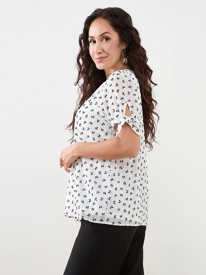 Petite Short Sleeve Chiffon Flock Bow Blouse