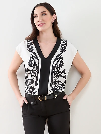 V-Neck Border Print Blouse