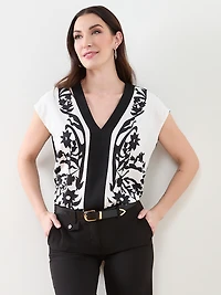 V-Neck Border Print Blouse