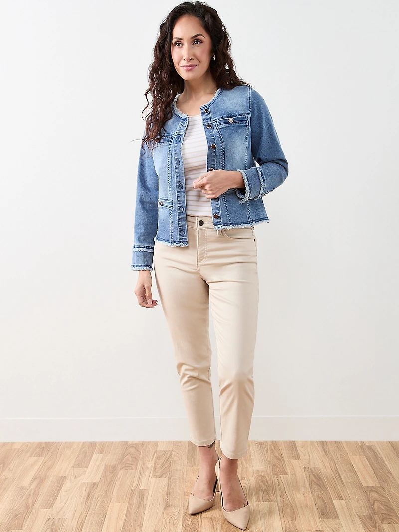 Collarless Raw Hem Denim Jacket