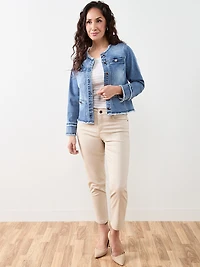 Collarless Raw Hem Denim Jacket