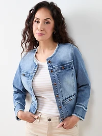Collarless Raw Hem Denim Jacket
