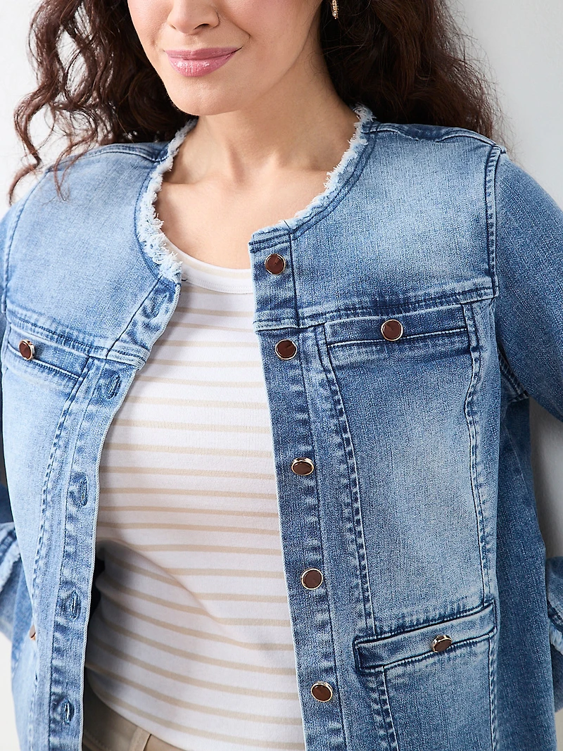 Collarless Raw Hem Denim Jacket