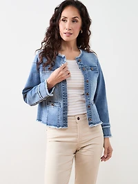 Collarless Raw Hem Denim Jacket
