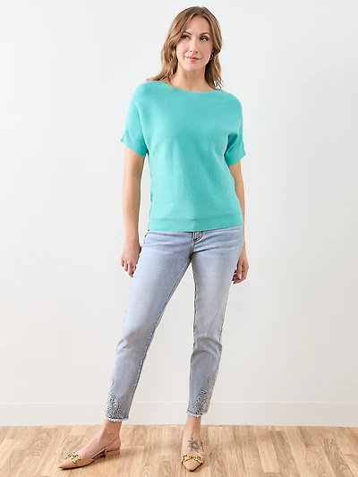 Short Sleeve Boat Neck Rib Sweater