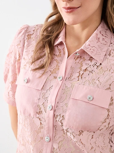 Lace Rhinestone Button Blouse