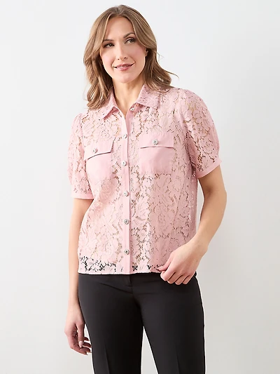 Lace Rhinestone Button Blouse