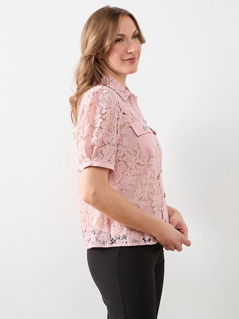 Lace Rhinestone Button Blouse