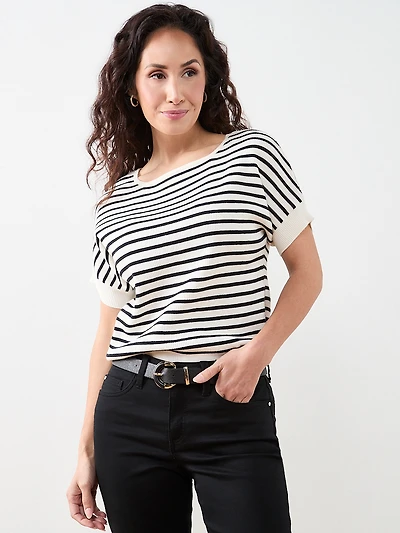 Petite Short Sleeve Boat Neck Rib Sweater