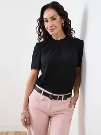 Petite Elbow Sleeve Gathered Neck Top