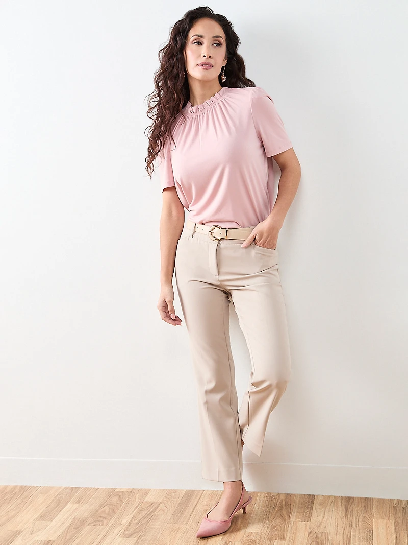 Petite Elbow-Sleeve Gathered Neck Top