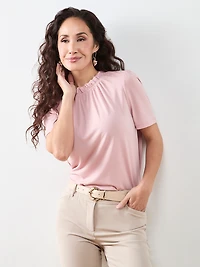 Petite Elbow-Sleeve Gathered Neck Top