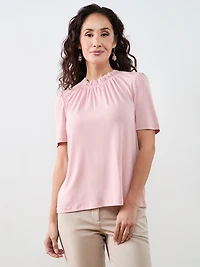 Petite Elbow-Sleeve Gathered Neck Top