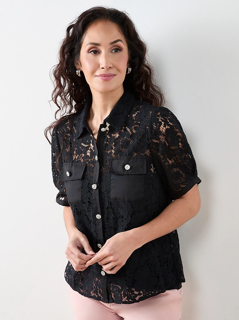 Petite Lace Rhinestone Button Blouse