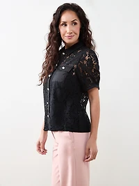 Petite Lace Rhinestone Button Blouse