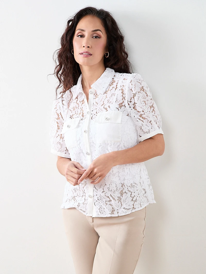 Petite Lace Rhinestone-Button Blouse