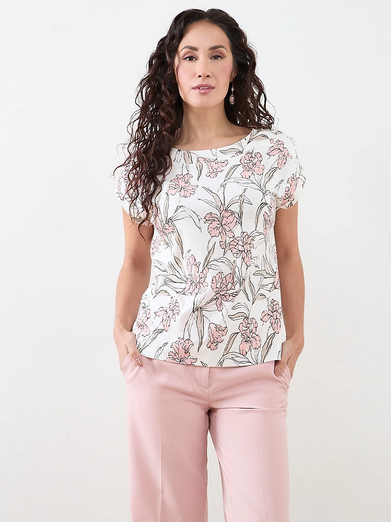 Petite Short Sleeve Cuff Boat Neck Tee in