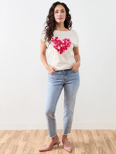 Petite Short Sleeve Cuff Boat Neck Tee in Oat Mix