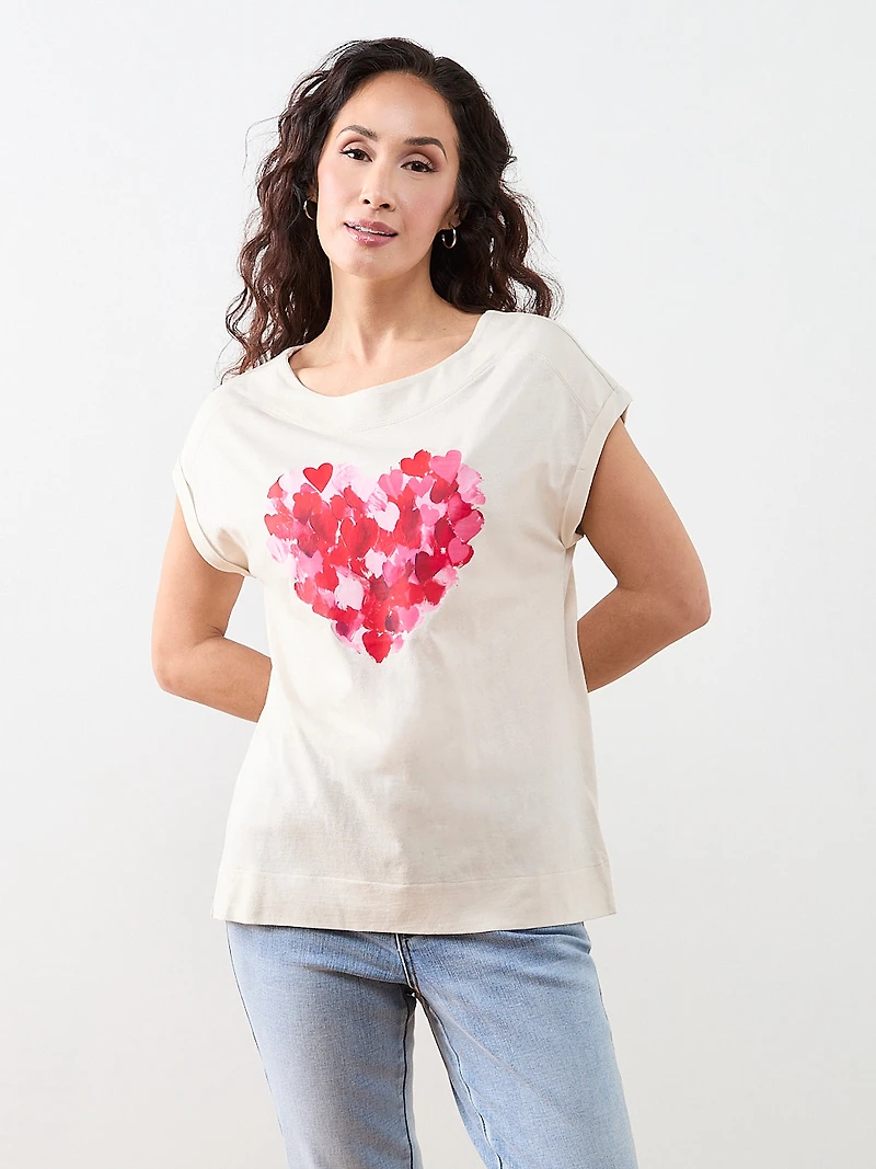 Petite Short Sleeve Cuff Boat Neck Tee in Oat Mix