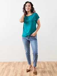 Petite Short Sleeve Round Neck Embellished Top