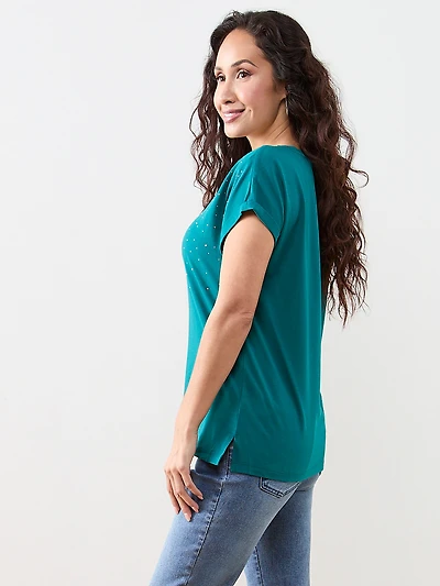 Petite Short Sleeve Round Neck Embellished Top