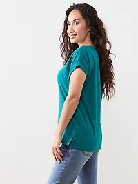 Petite Short Sleeve Round Neck Embellished Top