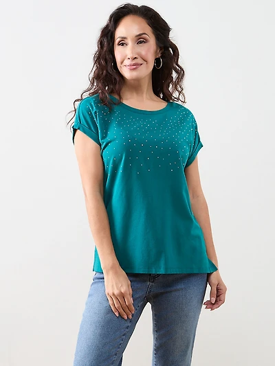 Petite Short Sleeve Round Neck Embellished Top