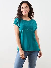 Petite Short Sleeve Round Neck Embellished Top