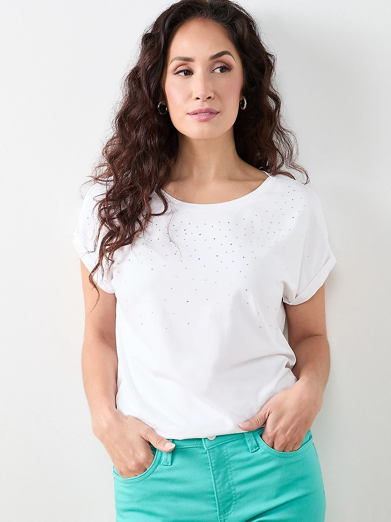 Petite Short Sleeve Round-Neck Embellished Top