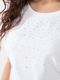 Petite Short Sleeve Round-Neck Embellished Top
