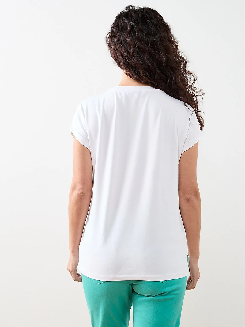 Petite Short Sleeve Round-Neck Embellished Top