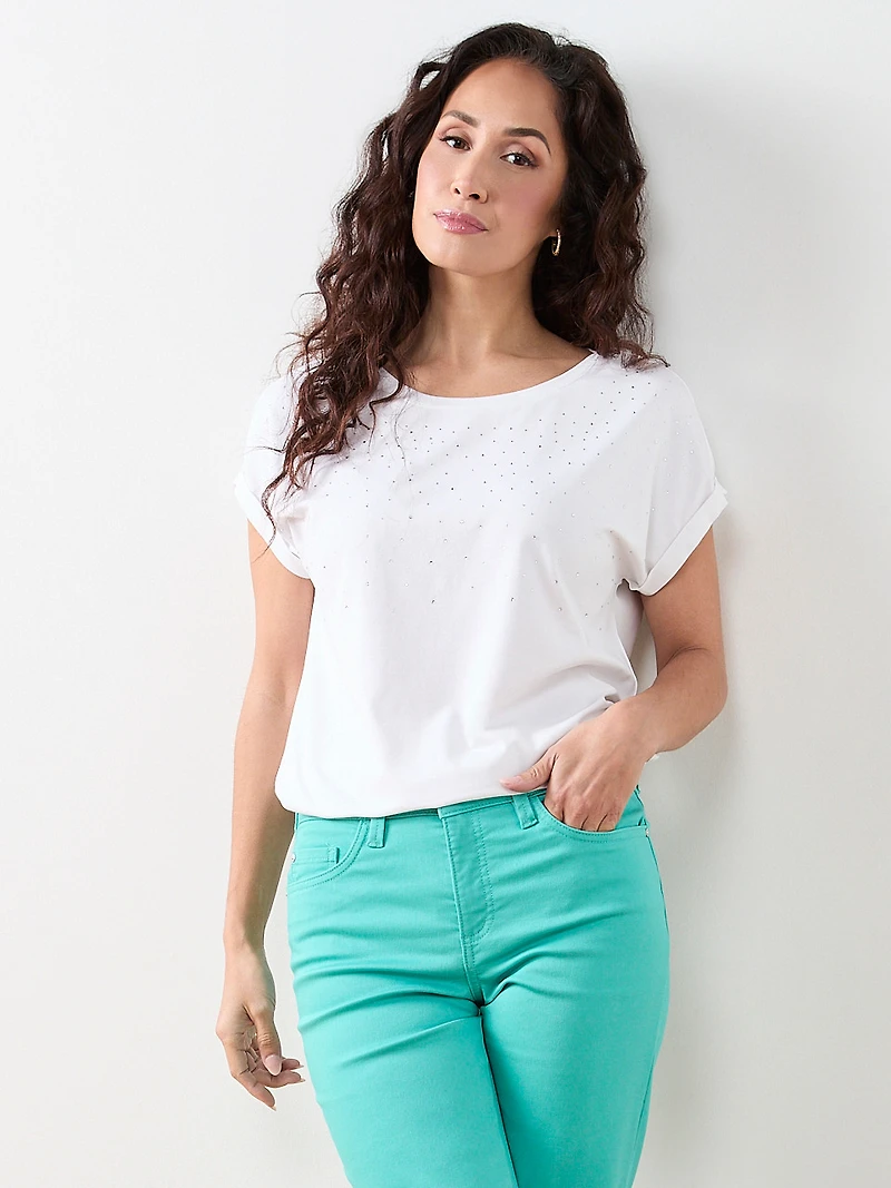 Petite Short Sleeve Round-Neck Embellished Top