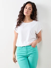 Petite Short Sleeve Round-Neck Embellished Top