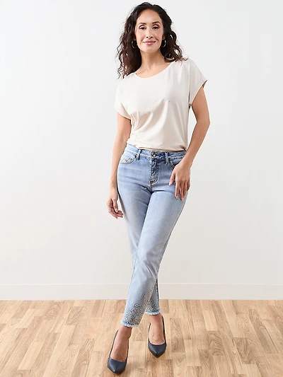 Petite Short Sleeved Round Neck Embellished Top