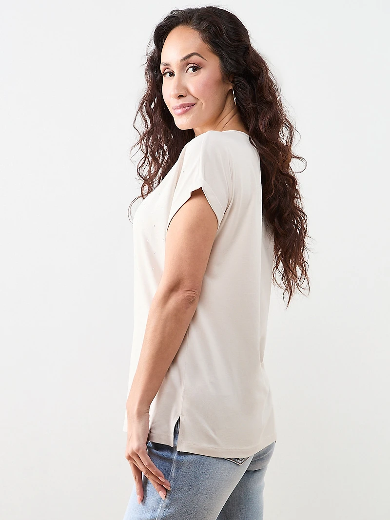 Petite Short Sleeved Round Neck Embellished Top